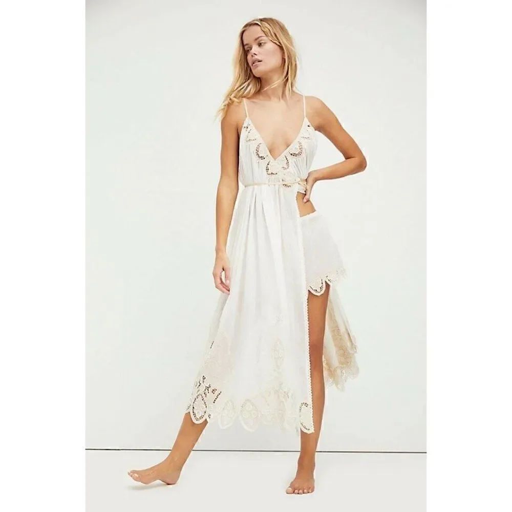 NWT FREE PEOPLE Sz L LYDIA MAXI DRESS SET EMBROIDERED 2 PIECE MAXI TOP SHORT SET